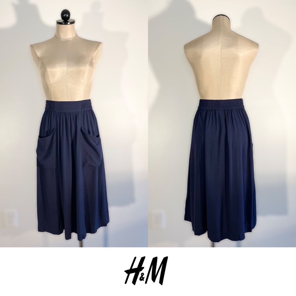 H&M | Navy Blue Pique A-line Midi Skirt
